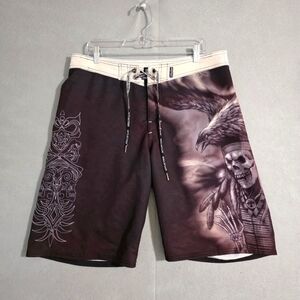 Y2K Affliction Mens Broad Shorts Indian Skull Raven Tribal Size 34